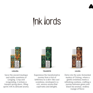 Airscream Ink Lords 系列三款茶香煙油展示圖,包括龍井、鐵觀音與烏龍茶口味,搭配典雅花紋包裝與中英文風味說明